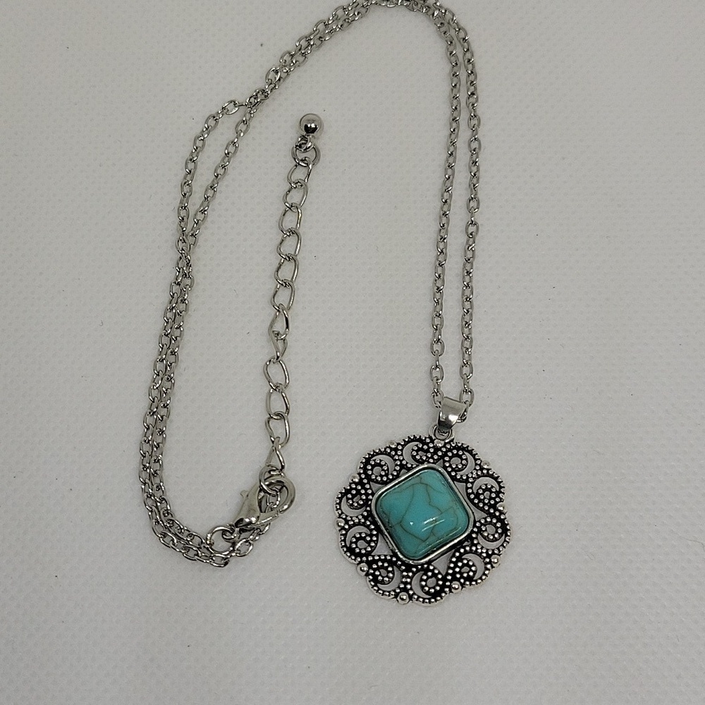 Turquoise Faux Stone Silver Tone 16" + 2" Extension Necklace